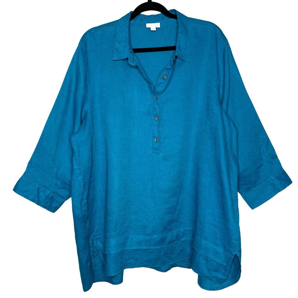 J Jill Love Linen Henley Button Top Shirt XL Beachy Coastal Lagenlook Minimalist